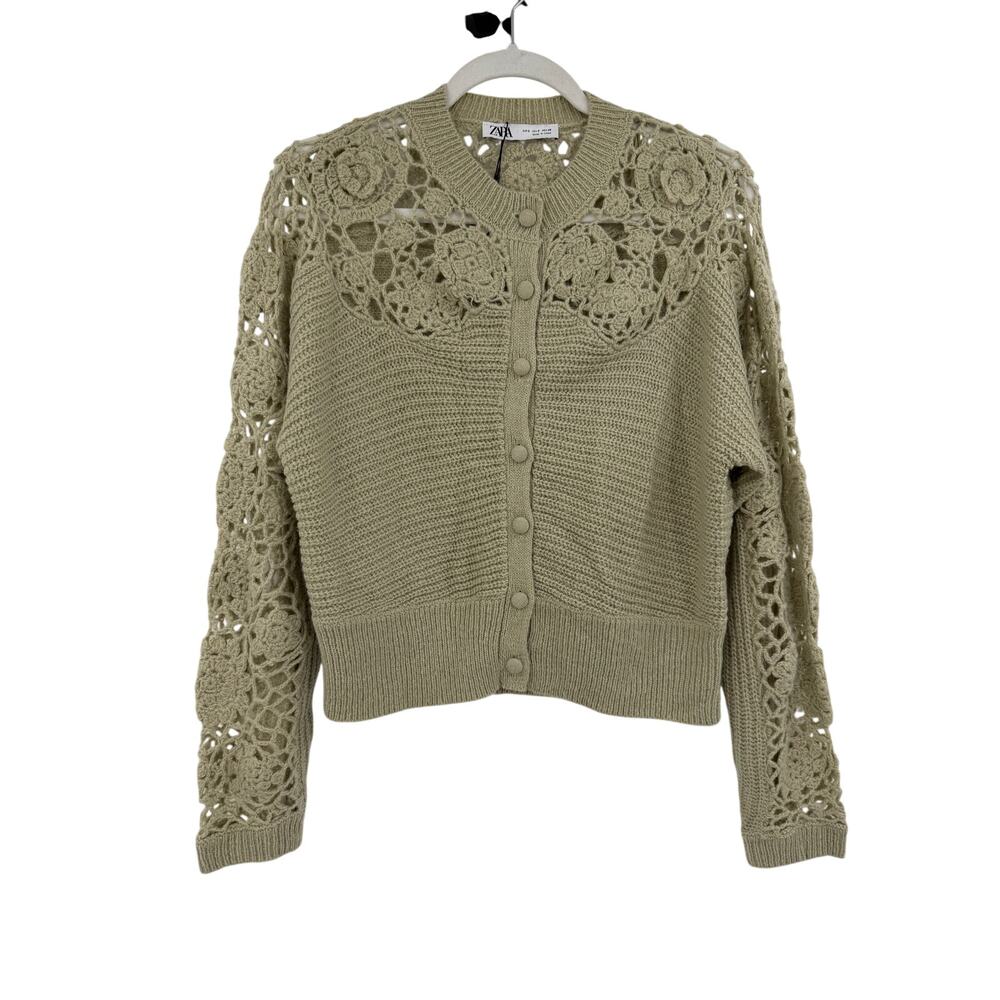 Zara Womens Size S Cardigan Sweater Green Crochet Floral Fairy Boho Wool Blend - Picture 2 of 10